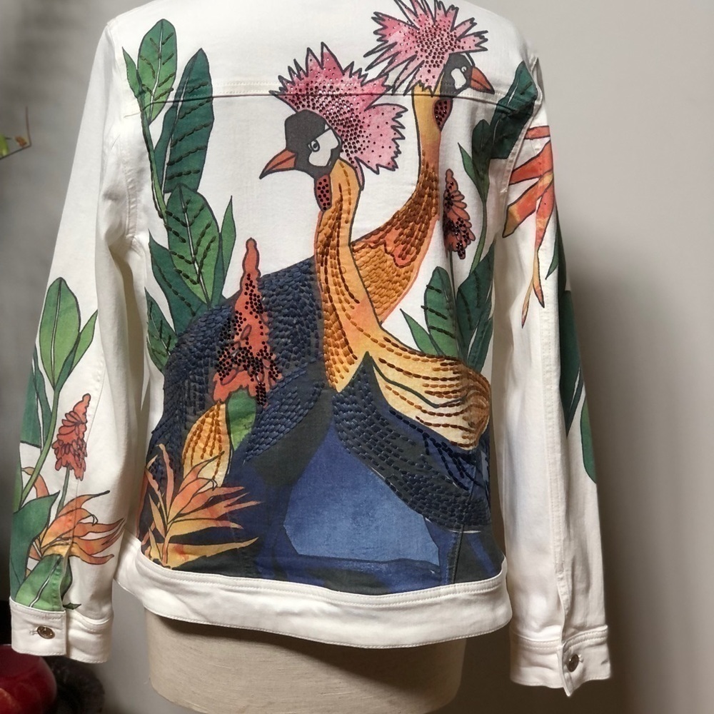 CHICO’S peacock floral flowers creamy white jean jacket size one - Picture 2 of 12